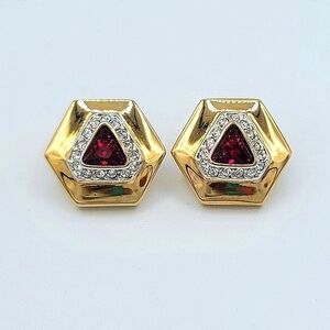 Vintage Earrings Geometric Gold Tone Red Crystal Earrings #877